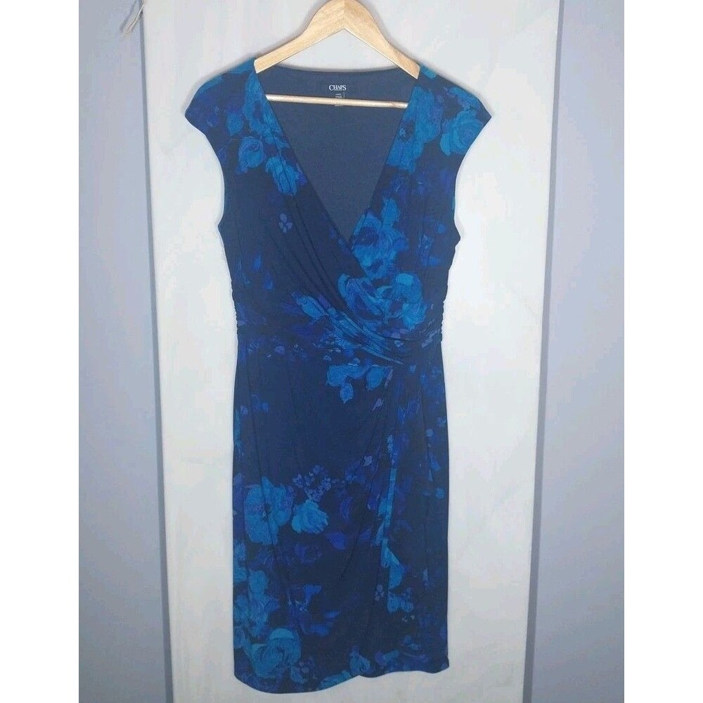 Chaps Sheath Dress Womens L Blue Floral Faux Wrap Ruched Stretch Knee Length